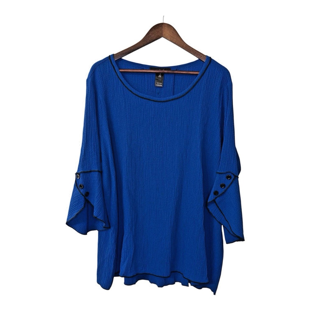 Ali Miles blouse women's XL blue black trim buttons boho artsy textured office